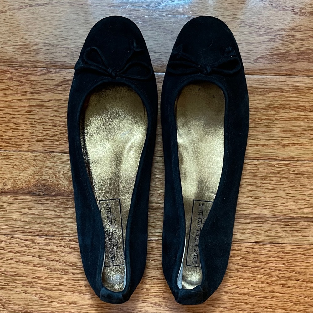 Saks Fifth Avenue Black Suede Ballet Flats with Bow